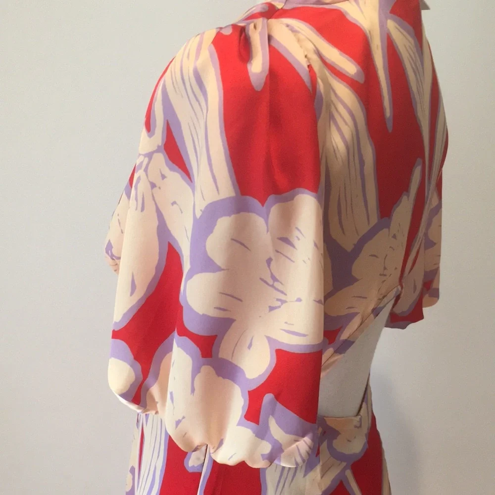 ๐ TOPSHOP Puff Sleeve Cutout Back Large Floral Satin Mini Dress 4 Red/Cream - Picture 10 of 15